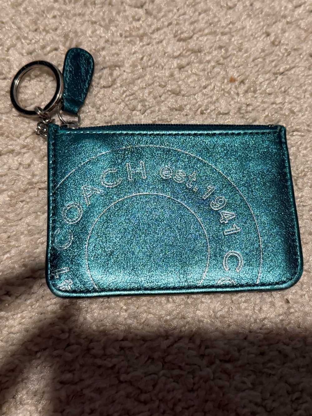 Coach Metallic Teal Zip Card Case Key Ring